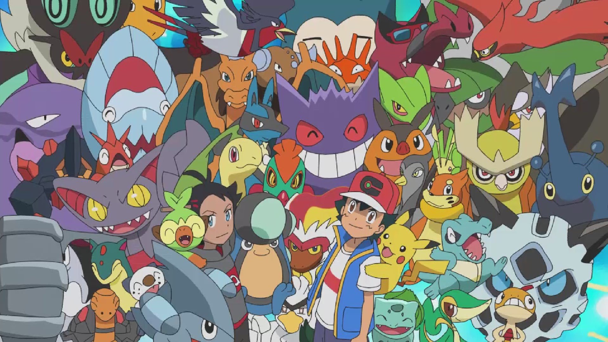 Bulbasaur aparece na parte inferior da imagem, junto de Ash e outros Pokémon do treinador