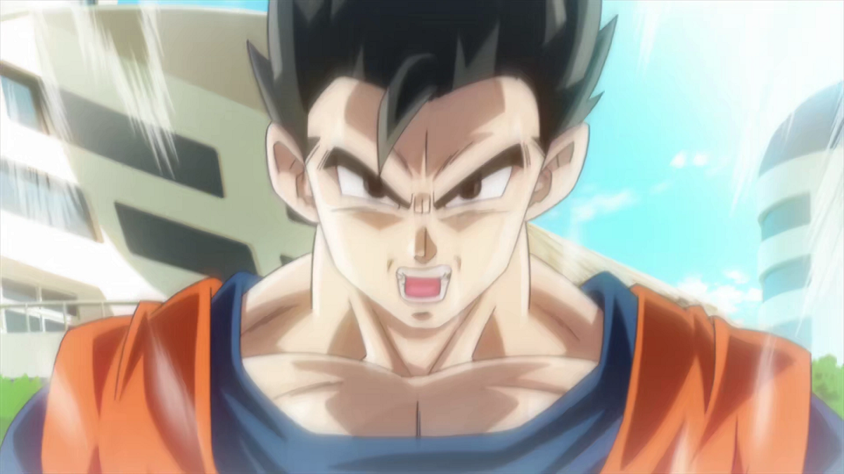Gohan de cabelo preto cercado por aura branca