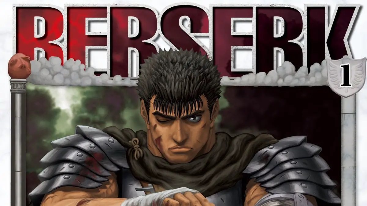 Guts de armadura escura em arte de Berserk, com o título e o número 1 ao fundo
