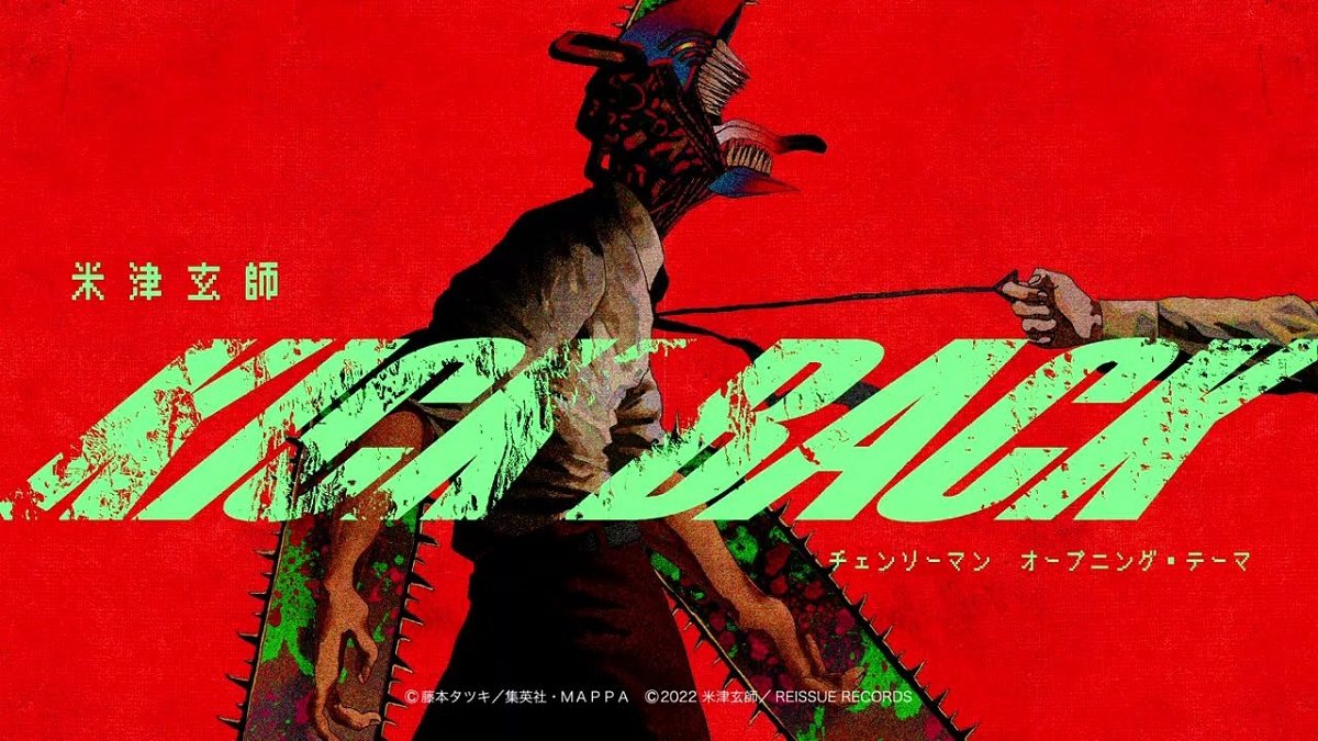 Chainsaw Man em arte vermelha de KICK BACK, tema de abertura do anime.