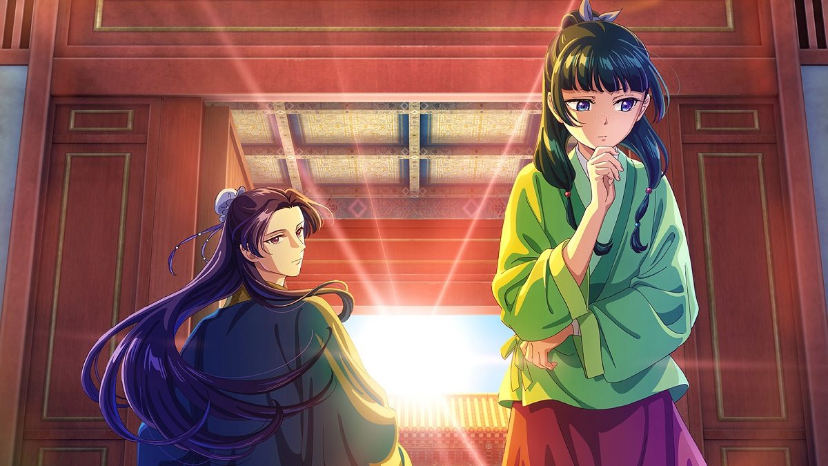 Maomao e Jinshi diante de uma entrada do palácio em visual de Diários de uma Apotecária