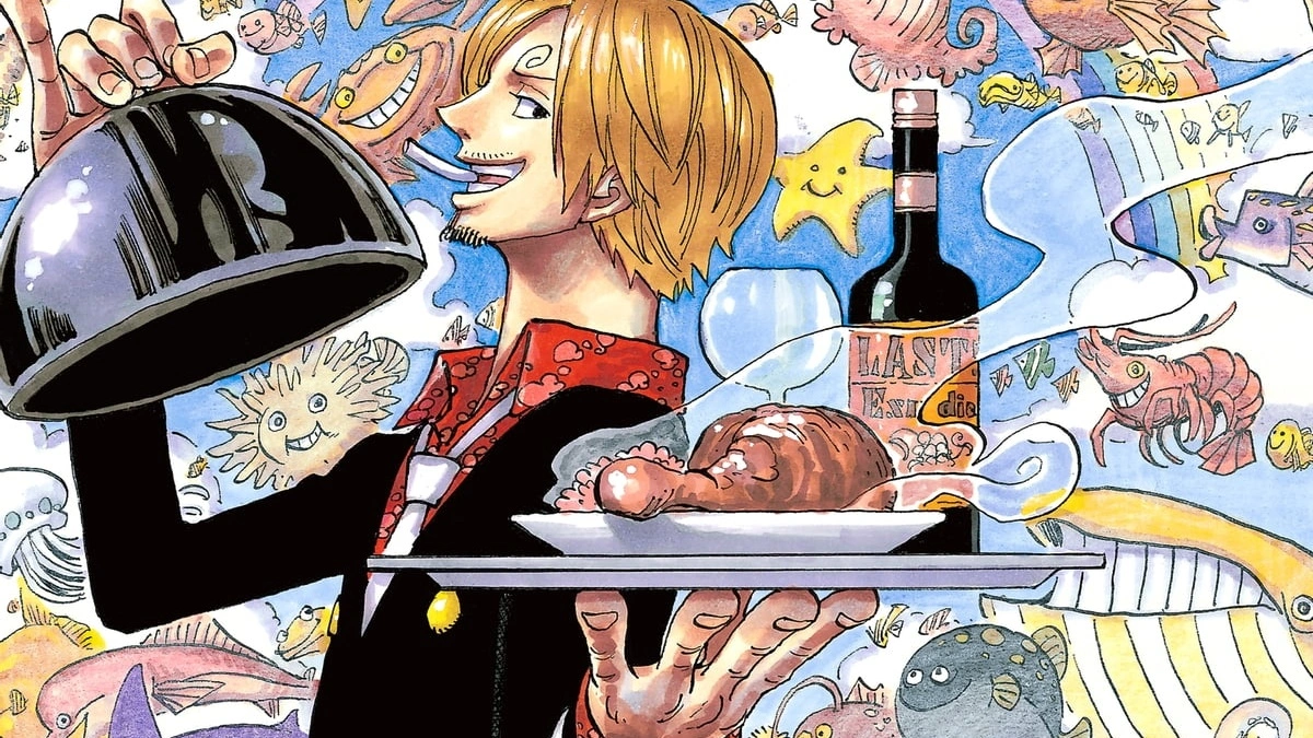 Sanji apresenta uma travessa de comida em uma ilustração colorida de One Piece