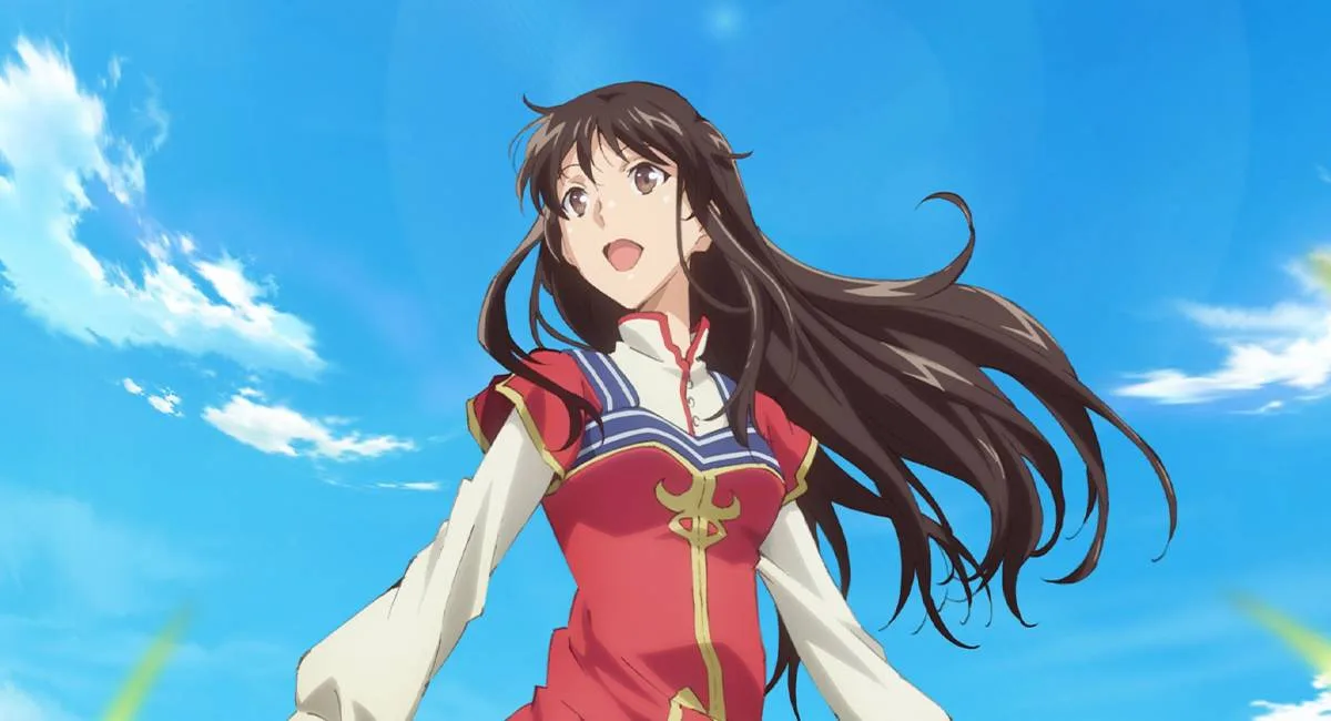 Sei, de cabelos castanhos e vestido vermelho, sob o céu azul em The Saint's Magic Power is Omnipotent