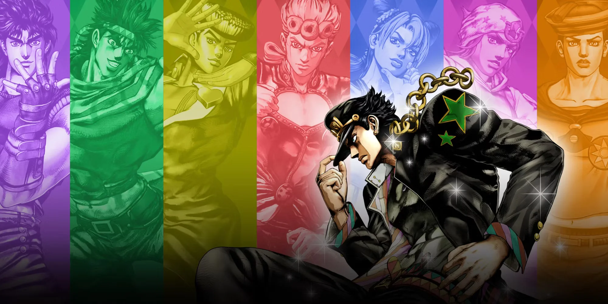 Jotaro e outros protagonistas de JoJo’s Bizarre Adventure, com Josuke de JoJolion à direita