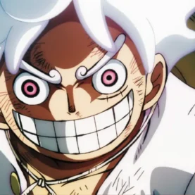 Luffy sorri em sua transformação Gear 5 no anime One Piece
