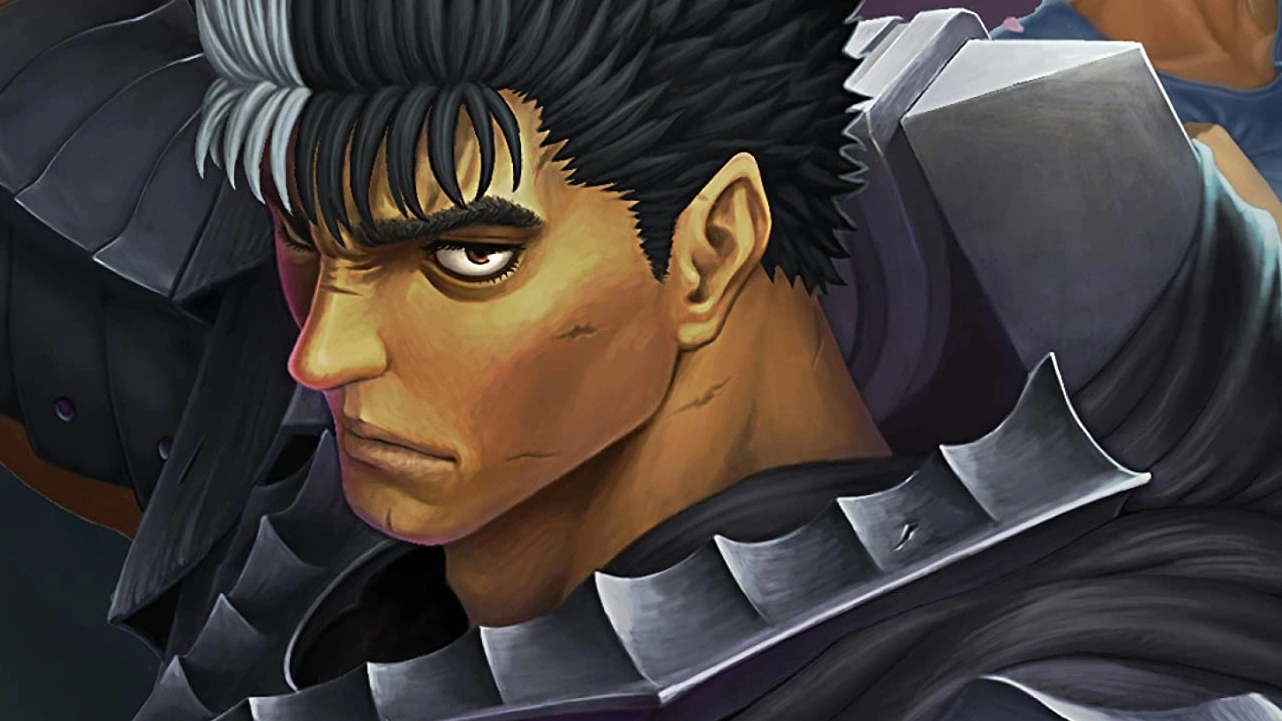 Guts em close usando sua armadura escura em ilustração de Berserk