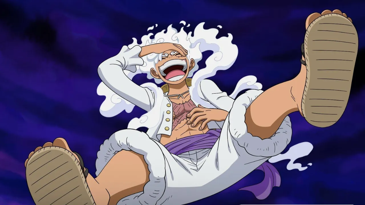 Luffy ri com cabelos e roupas brancas em sua transformação Gear 5