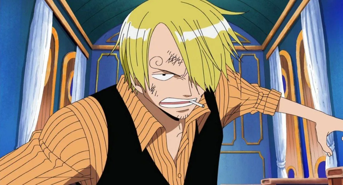 Sanji, de colete preto e camisa laranja, em uma cena do anime One Piece