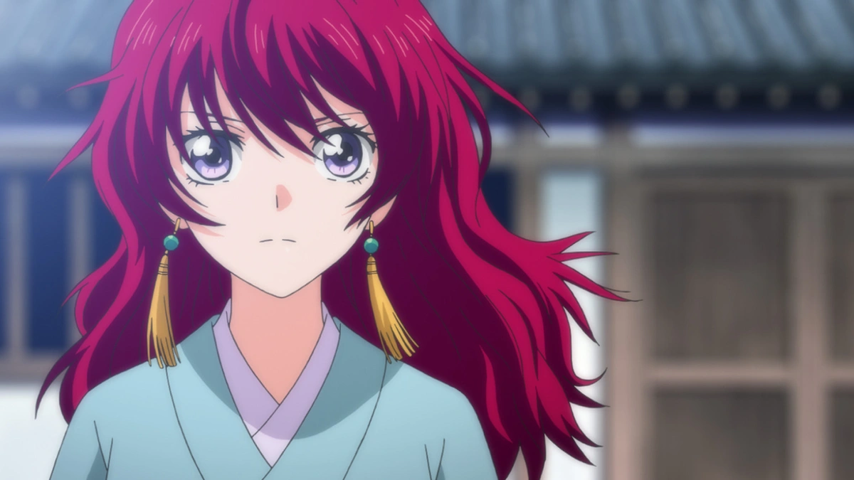Yona, de cabelos vermelhos, em cena de Yona of the Dawn