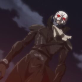 Skull Man com máscara de caveira e sobretudo sob o céu noturno, em cena do anime de 2007