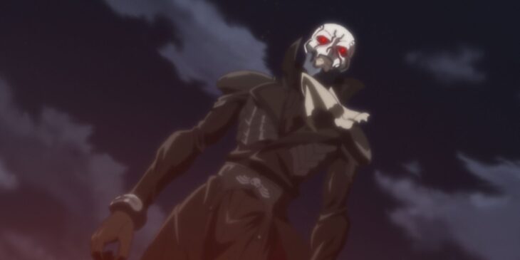Skull Man com máscara de caveira e sobretudo sob o céu noturno, em cena do anime de 2007