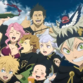 Asta faz o sinal de vitória ao lado de Yami, Noelle e outros integrantes dos Touros Negros em Black Clover