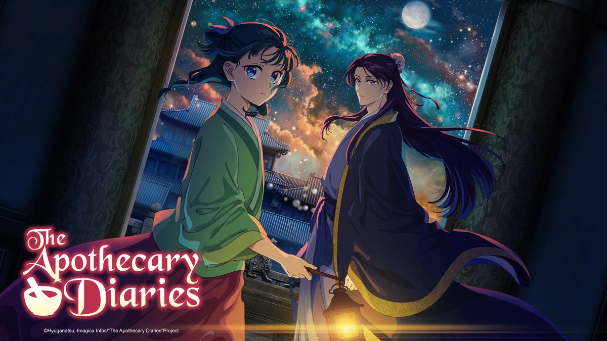 Maomao e Jinshi diante de uma paisagem noturna em arte de Diários de uma Apotecária