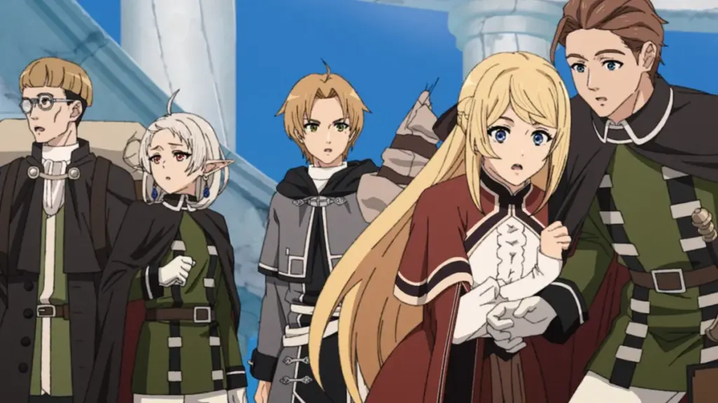 Rudeus e companhia em cena do Episódio 8 da 3ª temporada de Mushoku Tensei: Jobless Reincarnation