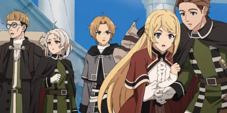 Rudeus e companhia em cena do Episódio 8 da 3ª temporada de Mushoku Tensei: Jobless Reincarnation