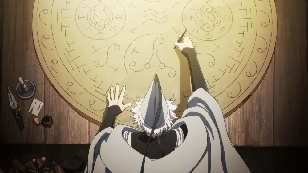Qifrey desenhando em cena do Episódio 1 de Witch Hat Atelier