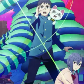 Okarun, Vamola e Turbo Vovó em imagem promocional de DAN DA DAN