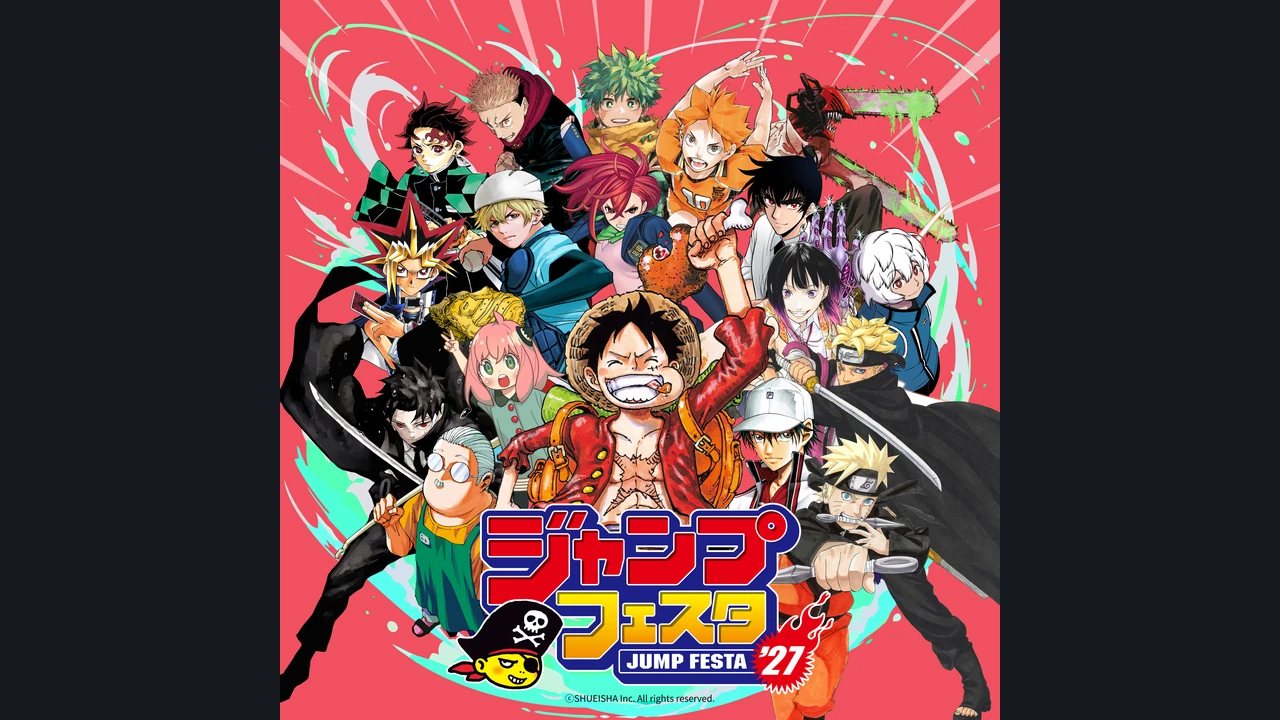 Pôster promocional da Jump Festa 2027 com personagens da Shueisha