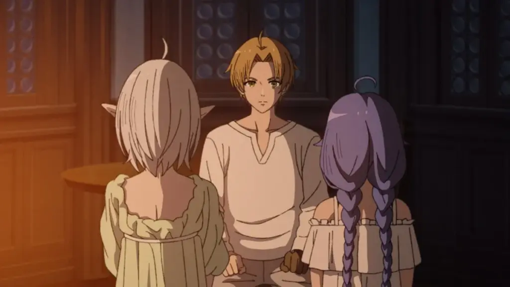Rudeus, Sylphiette e Roxy em cena do Episódio 14 da 3ª temporada de Mushoku Tensei: Jobless Reincarnation