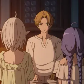 Rudeus, Sylphiette e Roxy em cena do Episódio 14 da 3ª temporada de Mushoku Tensei: Jobless Reincarnation