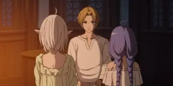 Rudeus, Sylphiette e Roxy em cena do Episódio 14 da 3ª temporada de Mushoku Tensei: Jobless Reincarnation