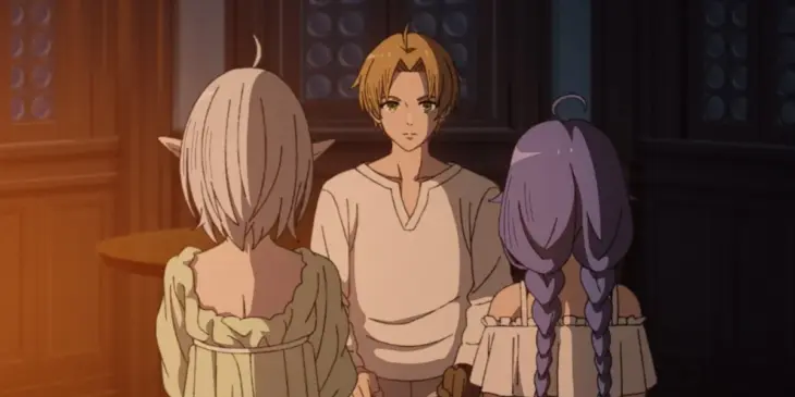 Rudeus, Sylphiette e Roxy em cena do Episódio 14 da 3ª temporada de Mushoku Tensei: Jobless Reincarnation