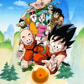 Goku, Kuririn, Bulma e os companheiros da primeira série Dragon Ball