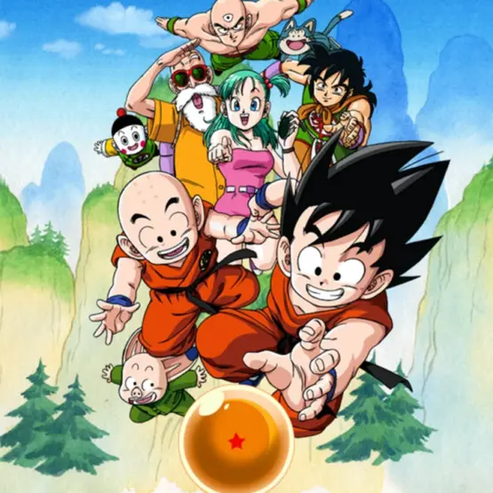Goku, Kuririn, Bulma e os companheiros da primeira série Dragon Ball