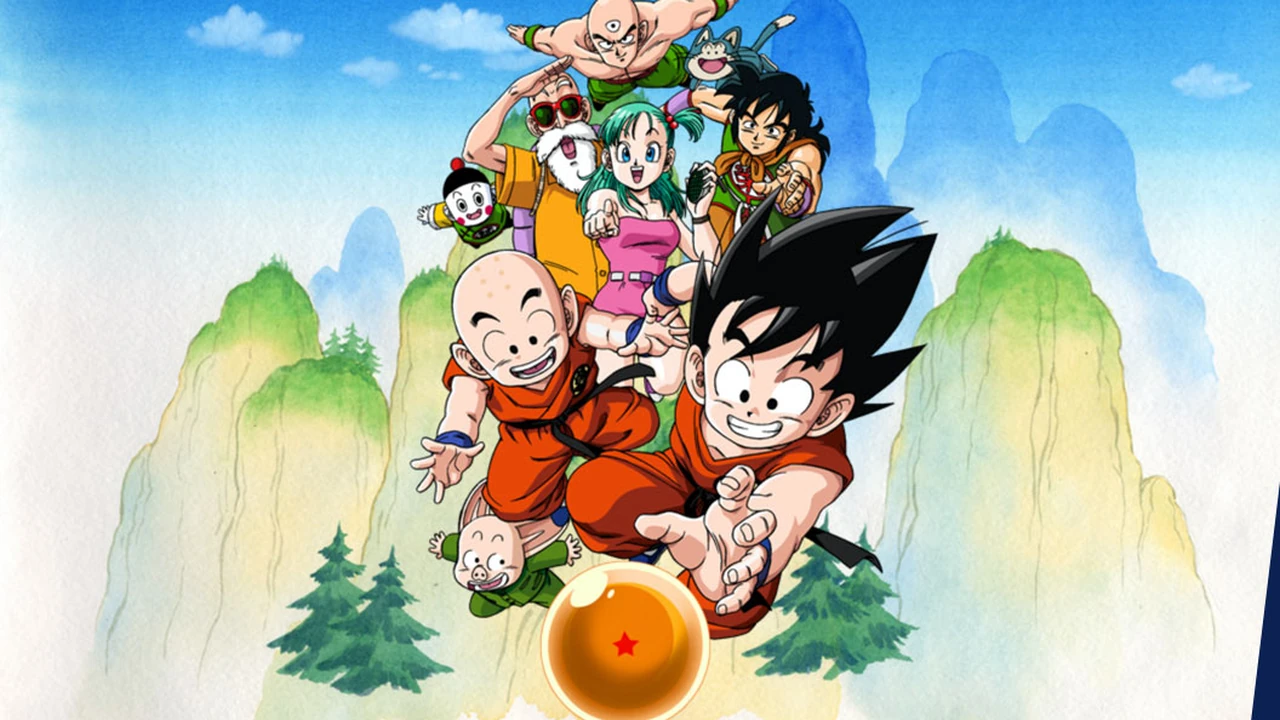 Goku, Kuririn, Bulma e os companheiros da primeira série Dragon Ball