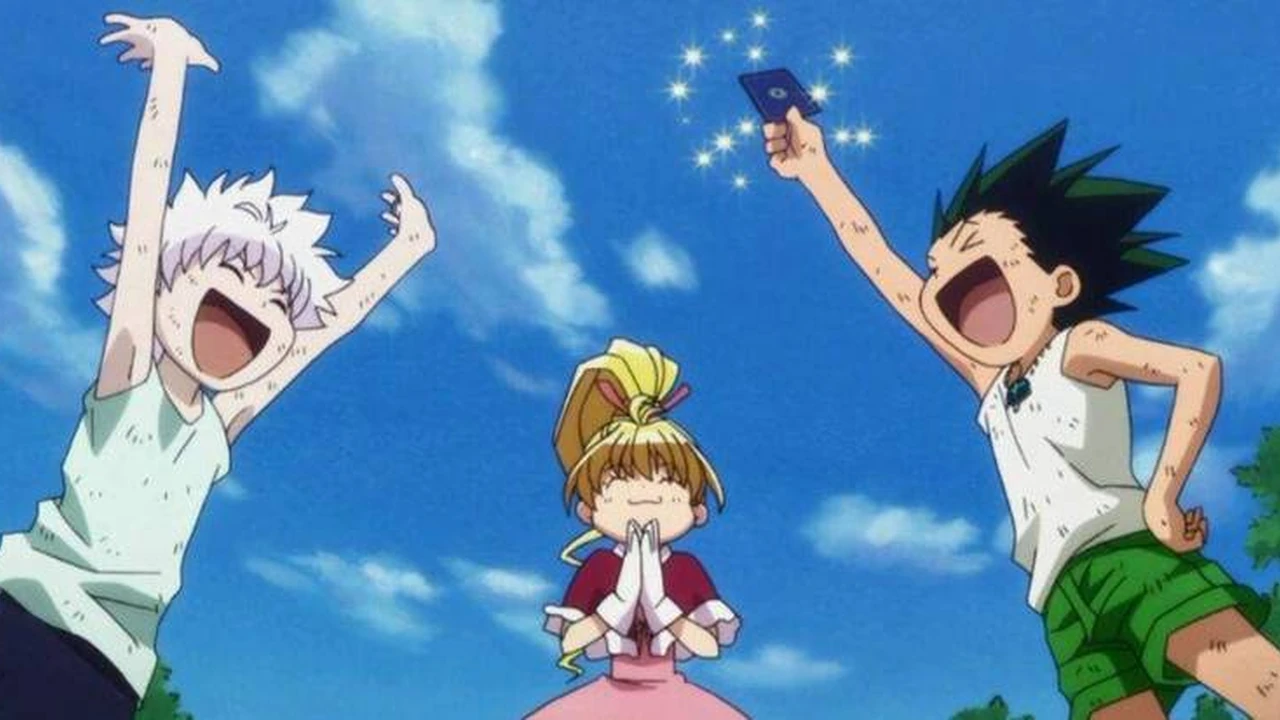 Killua, Biscuit e Gon comemoram durante Greed Island