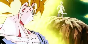 Goku transformado em Super Saiyajin diante de Freeza em Namekusei