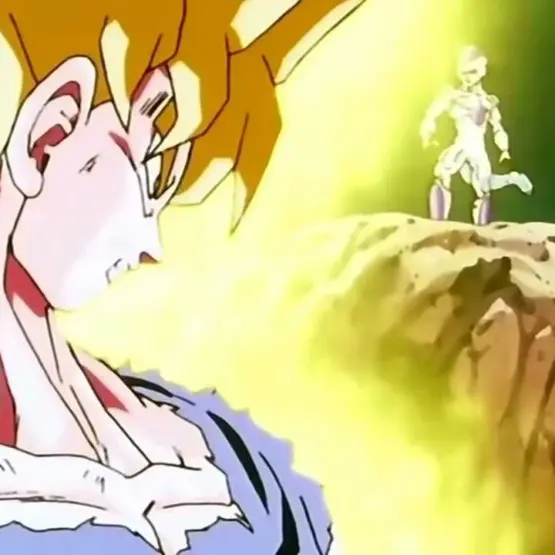 Goku transformado em Super Saiyajin diante de Freeza em Namekusei