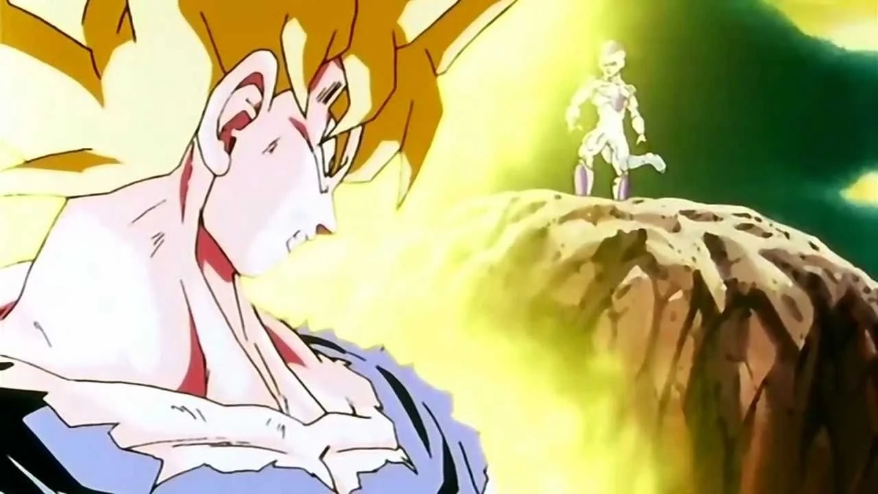 Goku transformado em Super Saiyajin diante de Freeza em Namekusei