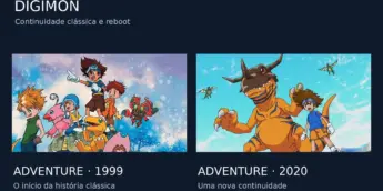 Comparação entre o grupo de Digimon Adventure de 1999 e Taichi com Greymon no reboot de 2020