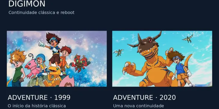 Comparação entre o grupo de Digimon Adventure de 1999 e Taichi com Greymon no reboot de 2020