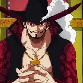 Mihawk sentado com as mãos cruzadas e a espada Yoru atrás dele em One Piece