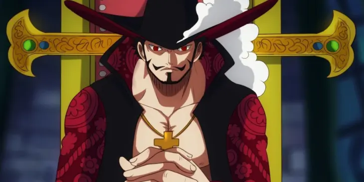 Mihawk sentado com as mãos cruzadas e a espada Yoru atrás dele em One Piece
