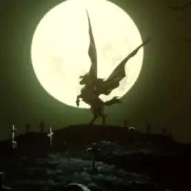 Cena noturna de Vampire Hunter D: Bloodlust com a lua ao fundo