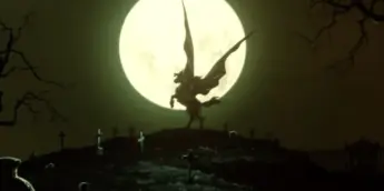 Cena noturna de Vampire Hunter D: Bloodlust com a lua ao fundo