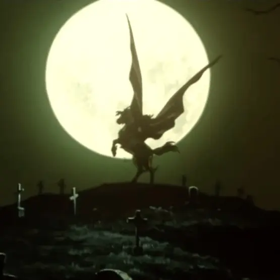 Cena noturna de Vampire Hunter D: Bloodlust com a lua ao fundo