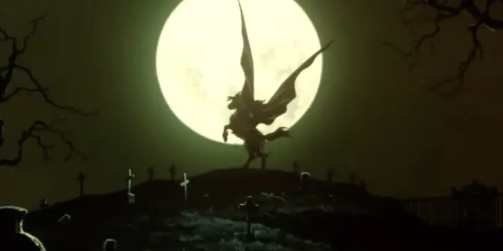 Cena noturna de Vampire Hunter D: Bloodlust com a lua ao fundo