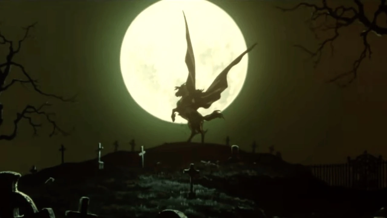 Cena noturna de Vampire Hunter D: Bloodlust com a lua ao fundo