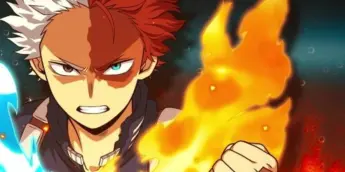 Shoto Todoroki em arte oficial de My Hero Ultra Rumble, com chamas ao redor