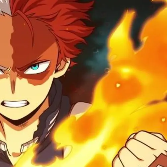 Shoto Todoroki em arte oficial de My Hero Ultra Rumble, com chamas ao redor