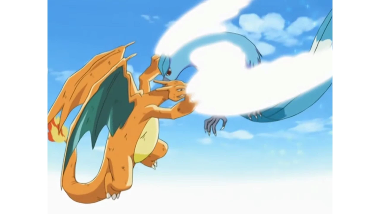 Charizard e Articuno trocam ataques no céu