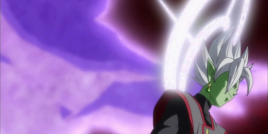 Zamasu fundido de cabelos brancos e auréola luminosa