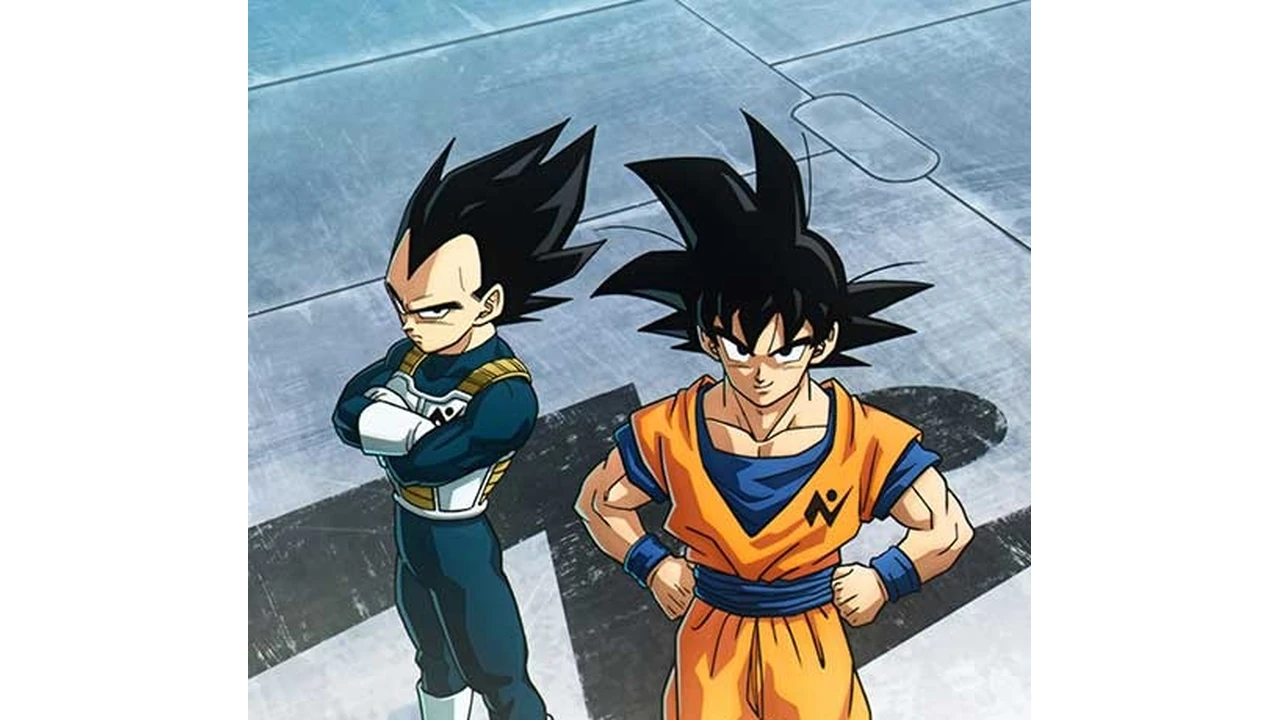 Goku e Vegeta com o emblema da Patrulha Galáctica no peito