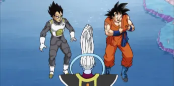 Goku e Vegeta observam a assinatura que Whis deixou em suas roupas