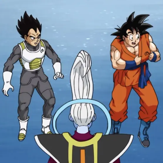 Goku e Vegeta observam a assinatura que Whis deixou em suas roupas