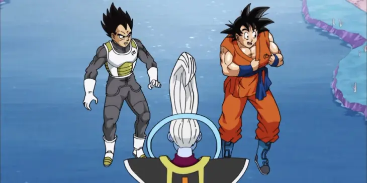 Goku e Vegeta observam a assinatura que Whis deixou em suas roupas